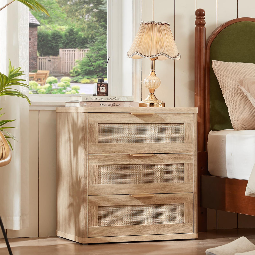 Lerliuo Rattan NightStand with Charger Station, 23" Wide Boho Bedside Table with Drawers, Natural Wood Night Stand Open Storage Cabinet, Bed Side End Table Dresser for Living Room, Hallway, Bedroom
