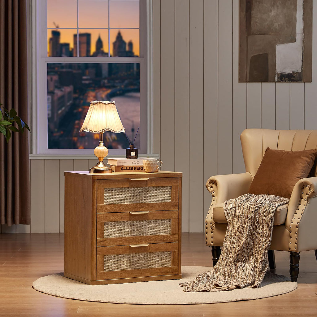 Lerliuo Rattan NightStand with Charger Station, 23" Wide Boho Bedside Table with Drawers, Natural Wood Night Stand Open Storage Cabinet, Bed Side End Table Dresser for Living Room, Hallway, Bedroom