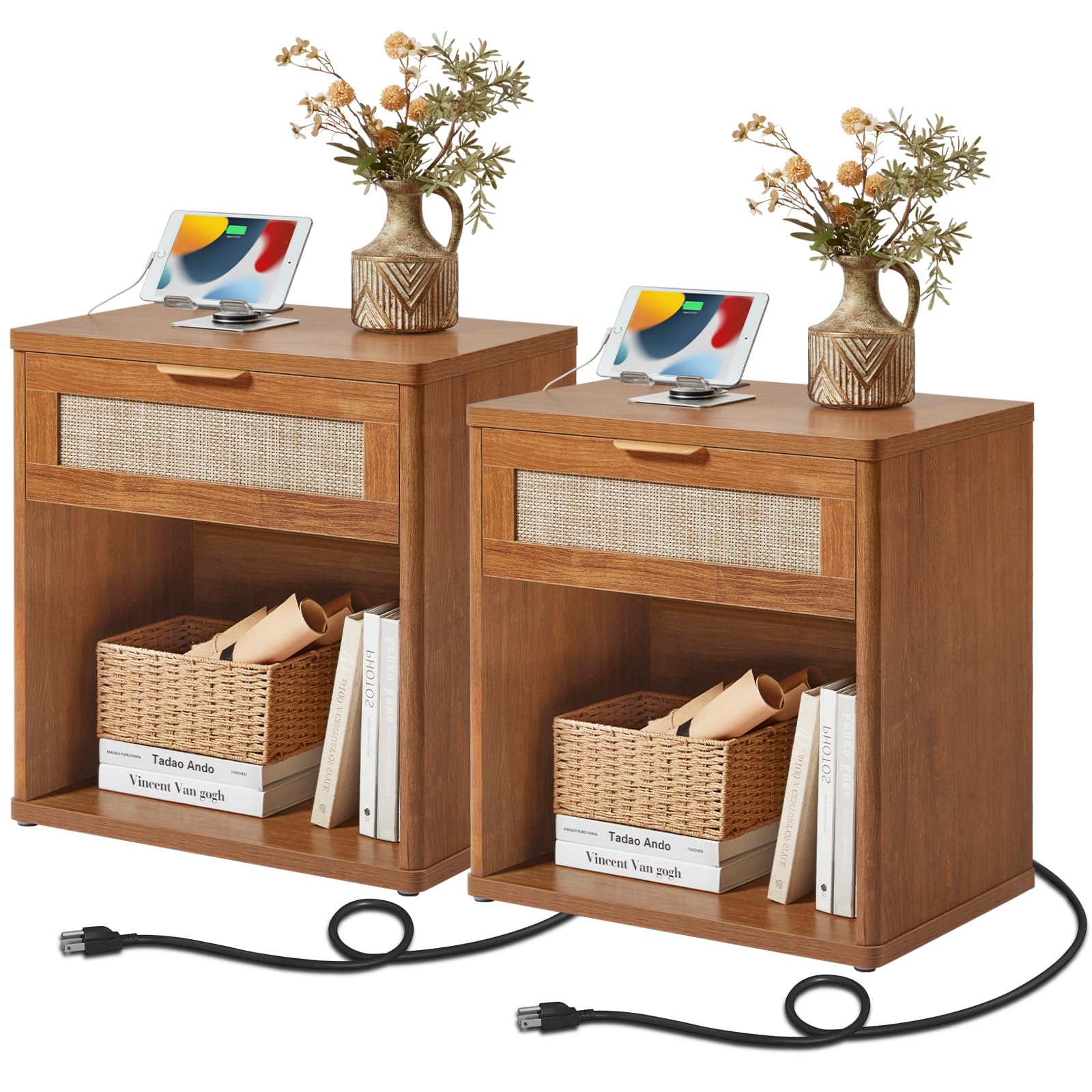 Lerliuo Rattan NightStand with Charger Station, 23" Wide Boho Bedside Table with Drawers, Natural Wood Night Stand Open Storage Cabinet, Bed Side End Table Dresser for Living Room, Hallway, Bedroom