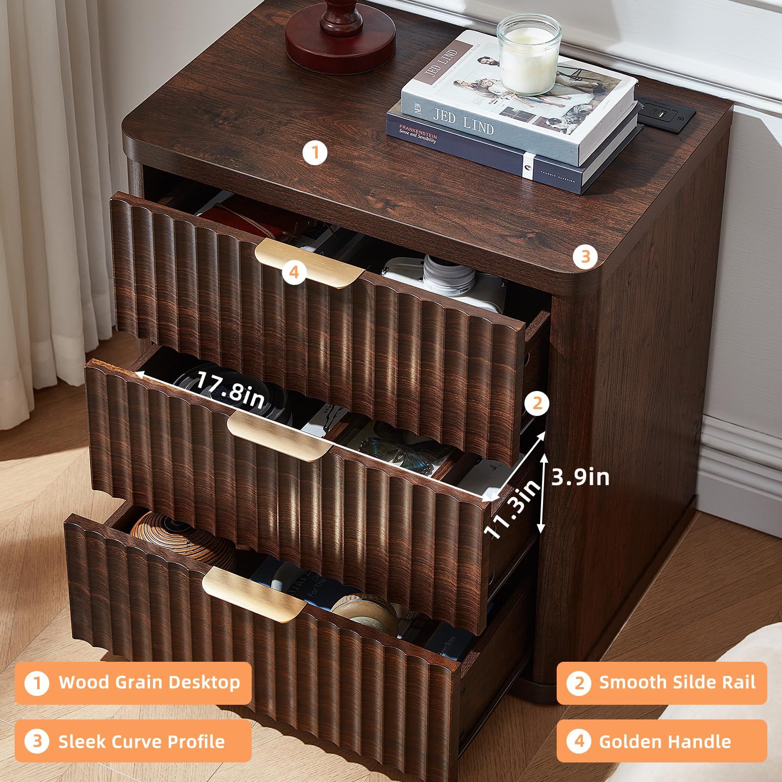 LEYAOYAO 23" Wide Fluted Night Stand with Charging Station, 3 Drawers Large End Table with Storage, LightGrey Nightstand Wood Bedside Tables, Farmhouse Cabinet Dresser for Bedroom, Closet