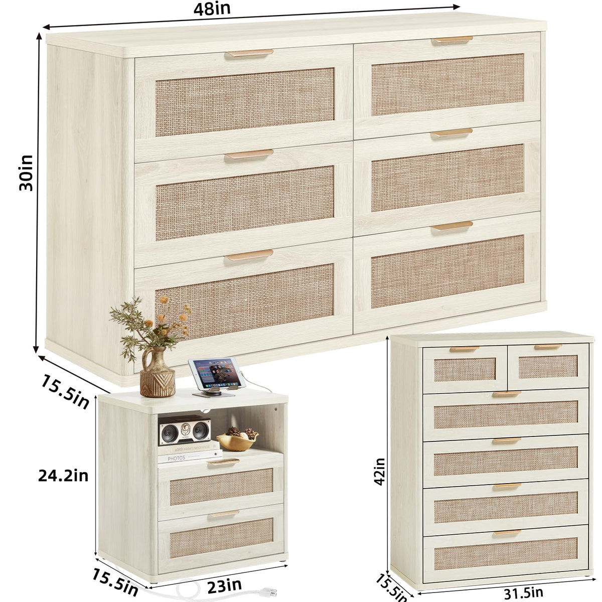 LEYAOYAO Rattan Dresser and Nightstand Sets 4 Piece, Natural