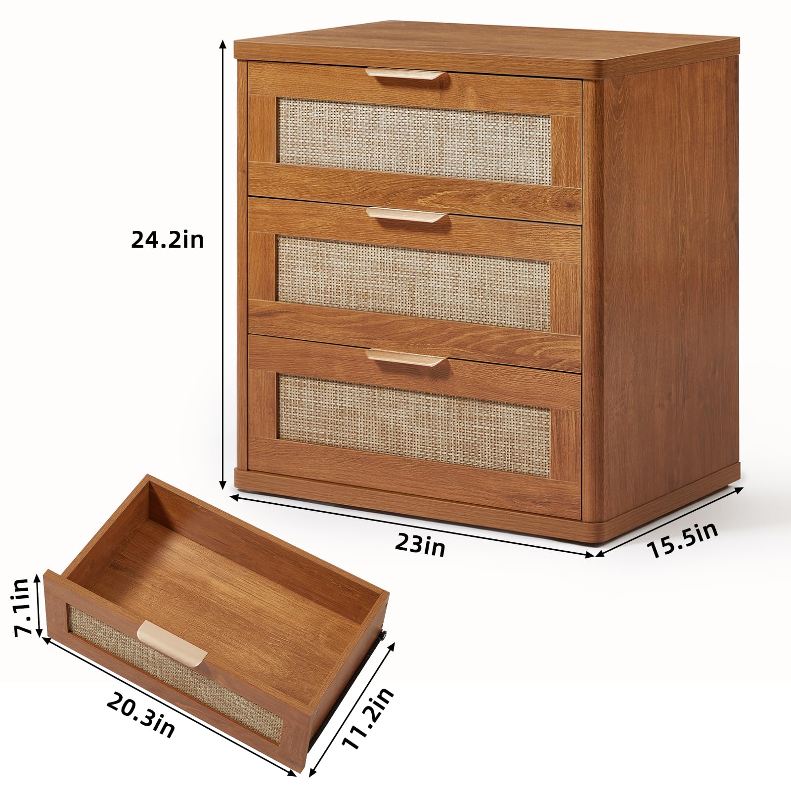 Lerliuo Rattan NightStand with Charger Station, 23" Wide Boho Bedside Table with Drawers, Natural Wood Night Stand Open Storage Cabinet, Bed Side End Table Dresser for Living Room, Hallway, Bedroom