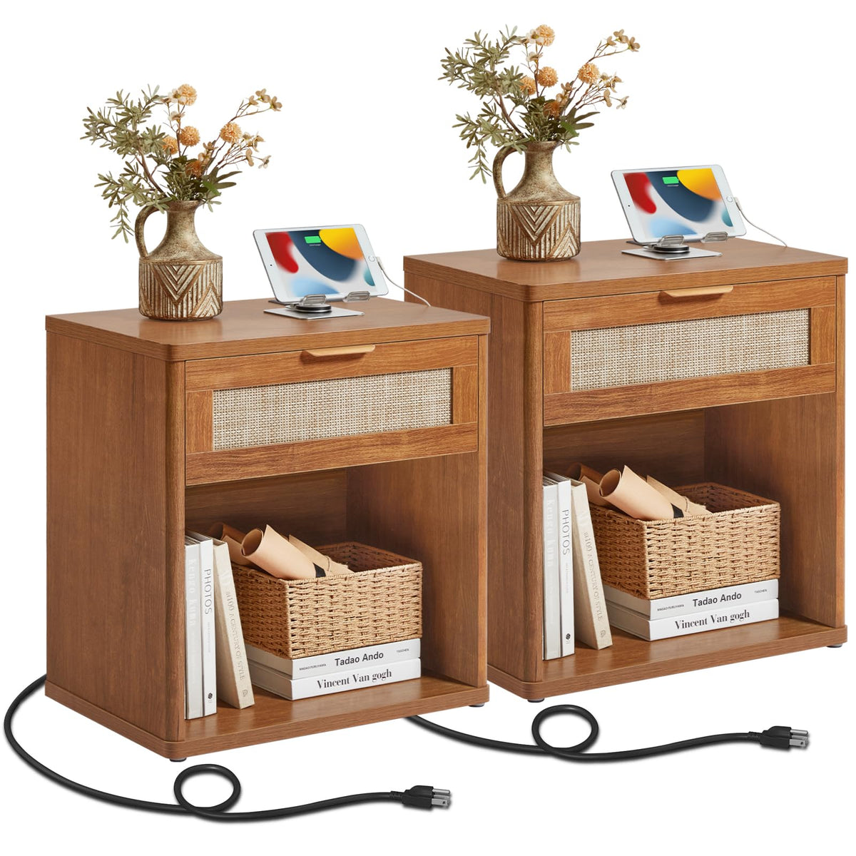 LEYAOYAO Rattan Nightstands Set of 2 with Charging Station, Boho Night Stand Dresser for Bedroom with Drawer, Grey White Bedside Table Open Storage Cabinet, Bed Side End Table, Living Room, Hallway