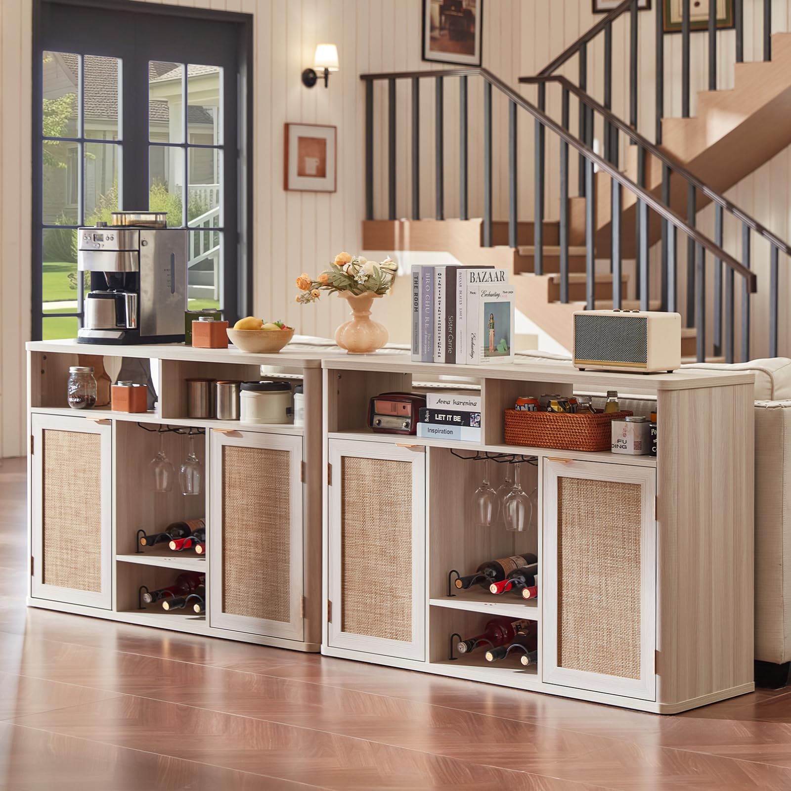 Lerliuo Rattan Wine Bar Cabinet with 2 Doors, Walnut