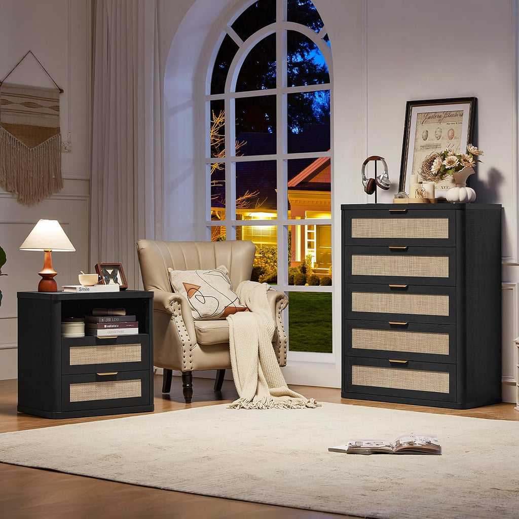 LEYAOYAO Rattan 23" Nightstands with Charger Station 2 Drawers