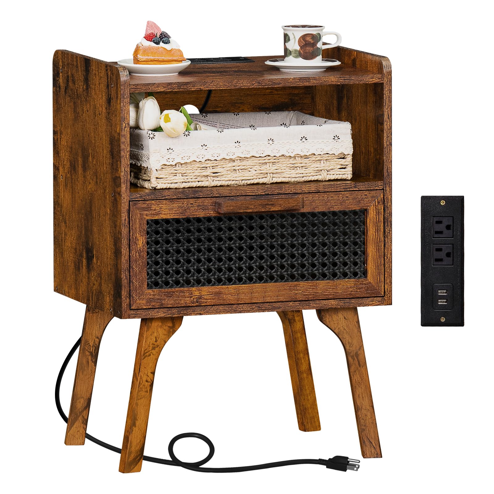 Lerliuo Rattan Nightstand with Charging Station, Boho Night Stand
