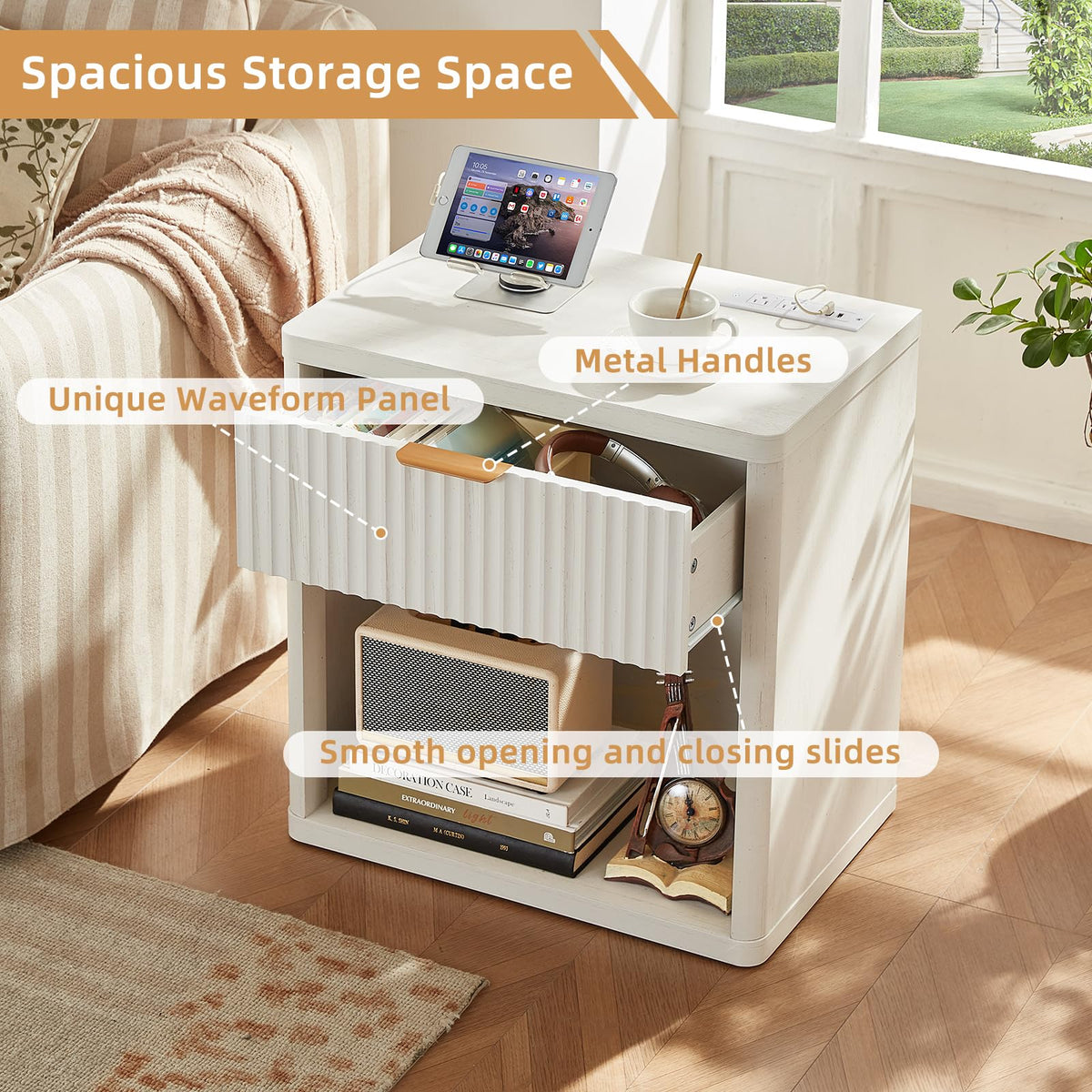 LEYAOYAO 48" Wide Fluted Dresser and 1 Drawers 23" Nightstand Set of 2, Wooden Dresser & Night Stand with Charging Station, 3 Piece Bedroom Furniture Set, Chest of Drawer for Living Room,Antique White