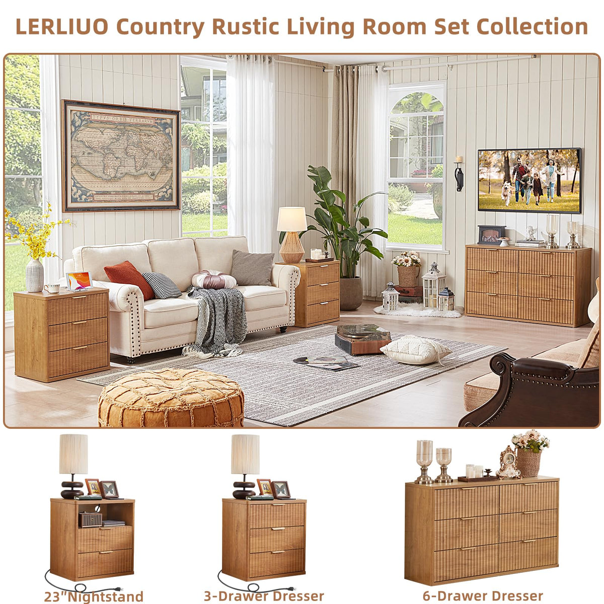 Lerliuo Fluted Nightstand with Charging Station, 23" Wide 2 Drawers End Table, Blue Night Stand with Open Storage Cabinet, Farmhouse Bed Side Tables, Wood Dresser for Bedroom
