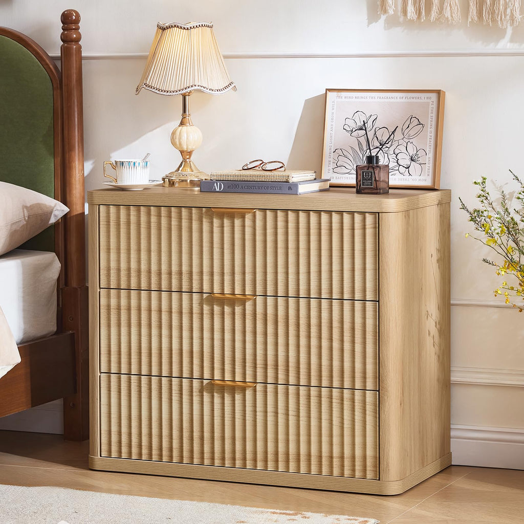 LEYAOYAO 31.5" Wide Fluted Nightstand, Oversized Night Stand, Antique White