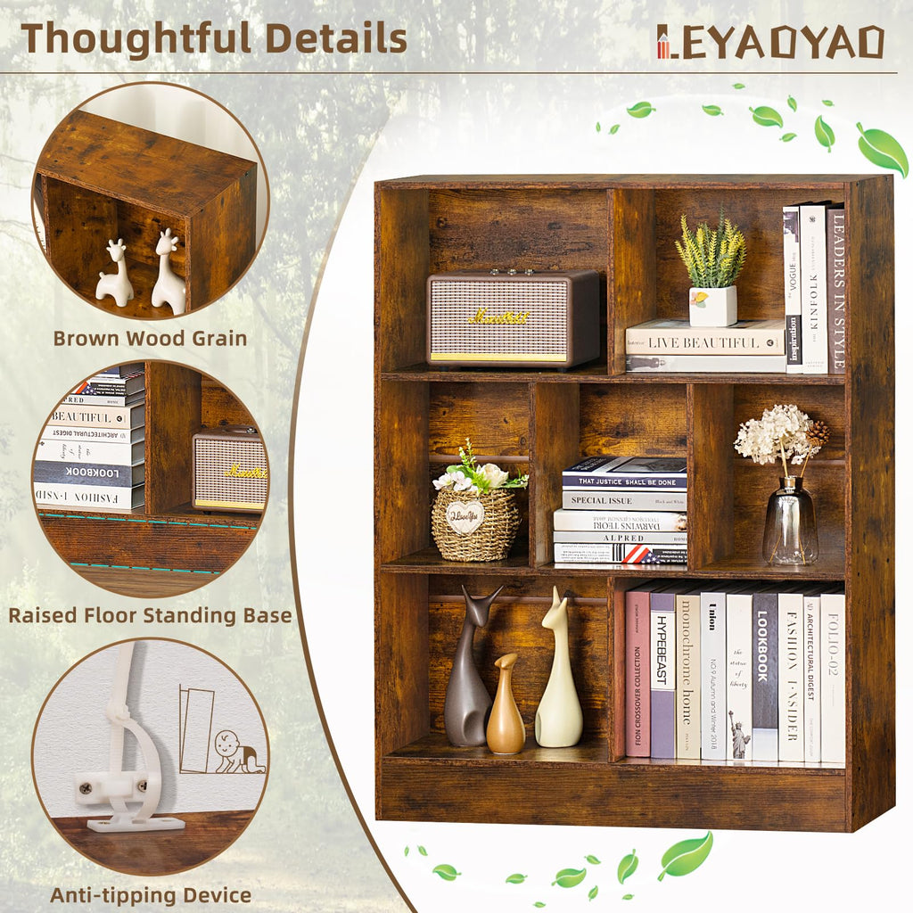 LEYAOYAO 7 Cube Bookshelf with Base,3 Tier Mid-Century Modern Blue Bookcase,Standing Wide Bookshelves Storage Organizer Shelf,Rustic Wood Display Cabinet Book Shelves for Bedroom,Living Room,Office