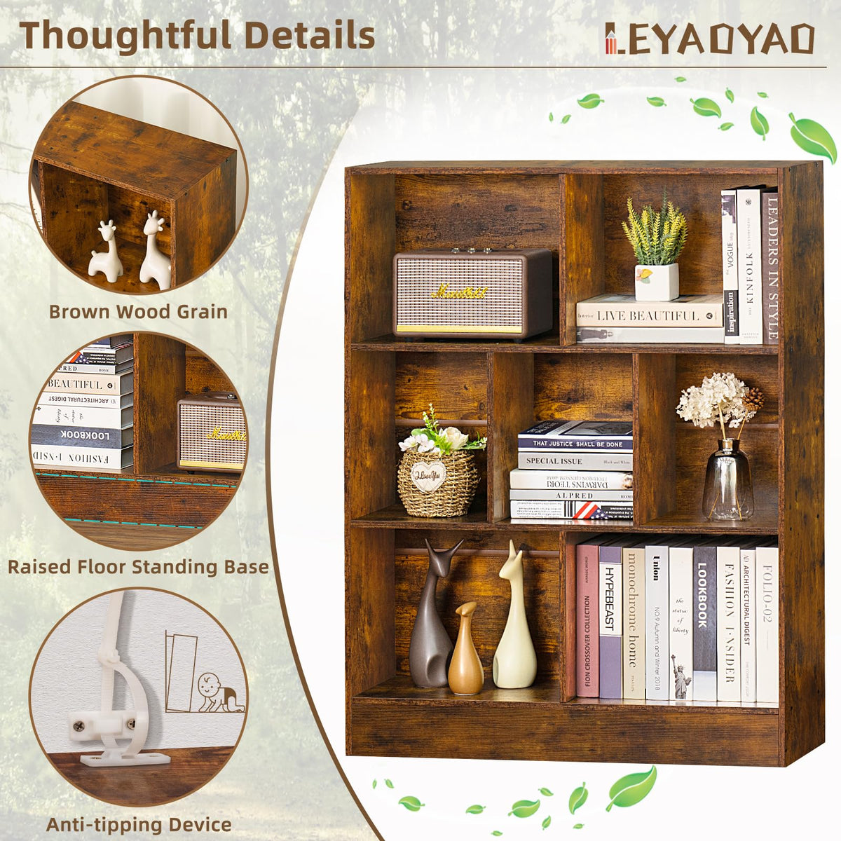LEYAOYAO 7 Cube Bookshelf with Base,3 Tier Mid-Century Modern Blue Bookcase,Standing Wide Bookshelves Storage Organizer Shelf,Rustic Wood Display Cabinet Book Shelves for Bedroom,Living Room,Office