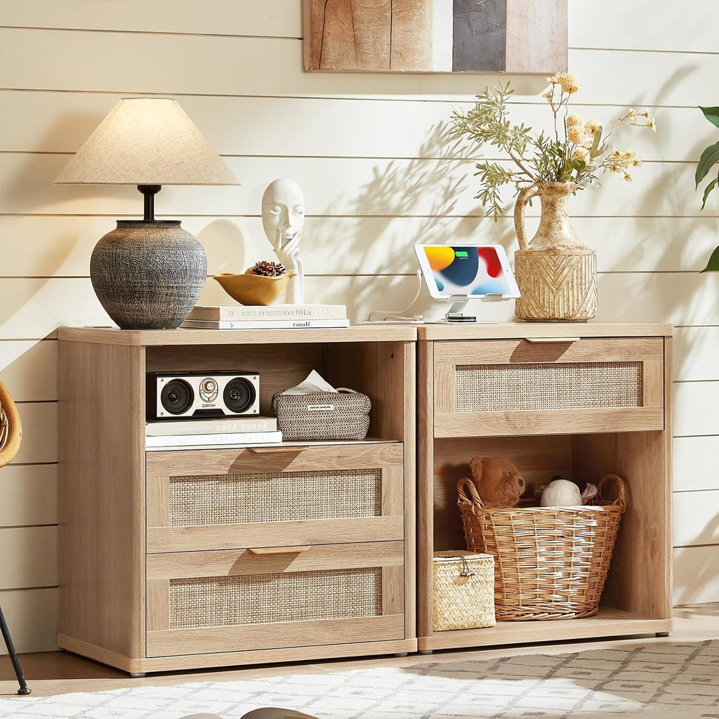 LEYAOYAO Rattan Nightstand Set of 2 with Charging Station, 1 & 2 Drawers Boho Night Stand Dresser for Bedroom, Natural Wood Bedside Table Open Storage Cabinet, Bed Side End Tables, Living Room,Hallway