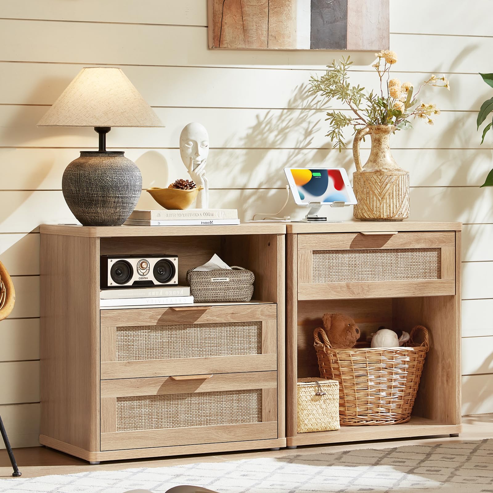 LEYAOYAO Rattan Nightstand Set of 2 with Charging Station, 1 & 2 Drawers Boho Night Stand Dresser for Bedroom, Natural Wood Bedside Table Open Storage Cabinet, Bed Side End Tables, Living Room,Hallway