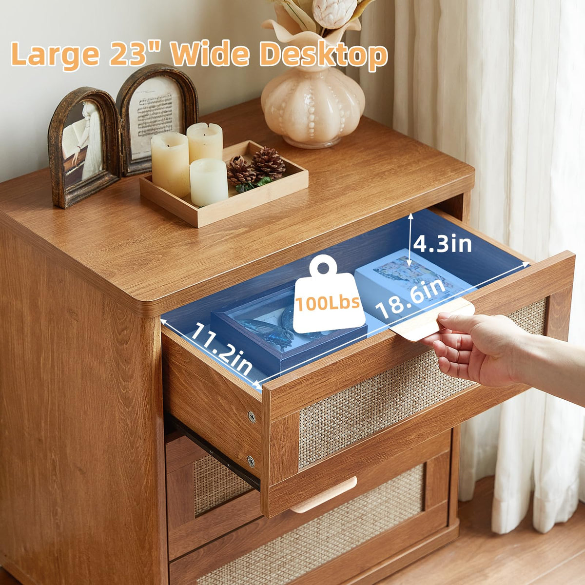 LEYAOYAO Rattan Dressers & Night Stand Set of 3, Boho Wood 48" Wide Dresser & 41"Tall Chest of Drawers, 23" with Charging Station Nightstand, Bedroom Furniture Dresser Set for Home Living Room Hallway