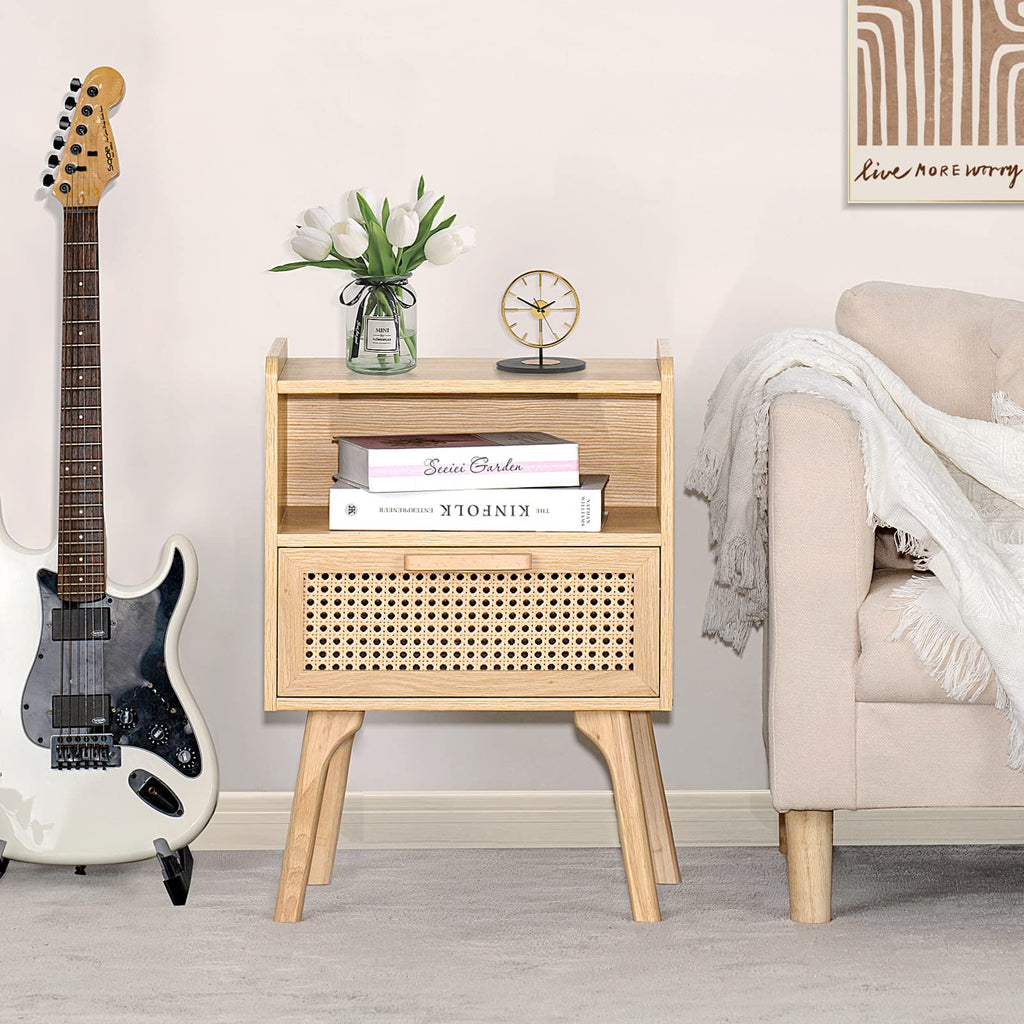 Lerliuo Rattan Nightstand, Boho Side Table with Drawer Open Shelf