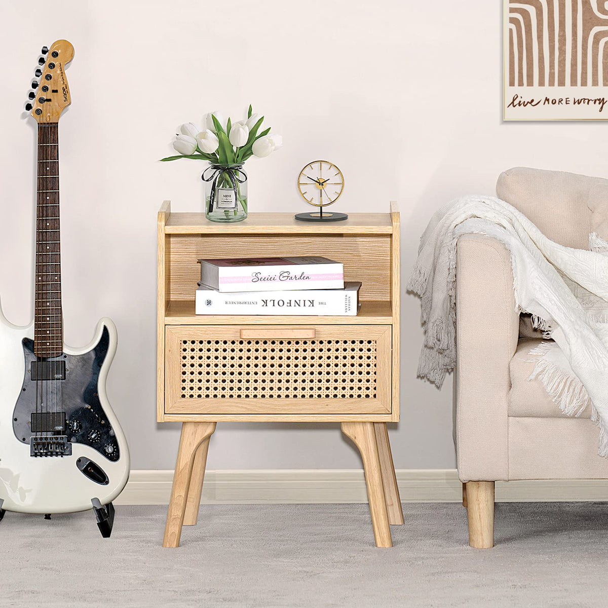 Lerliuo Rattan Nightstand, Boho Side Table with Drawer Open Shelf
