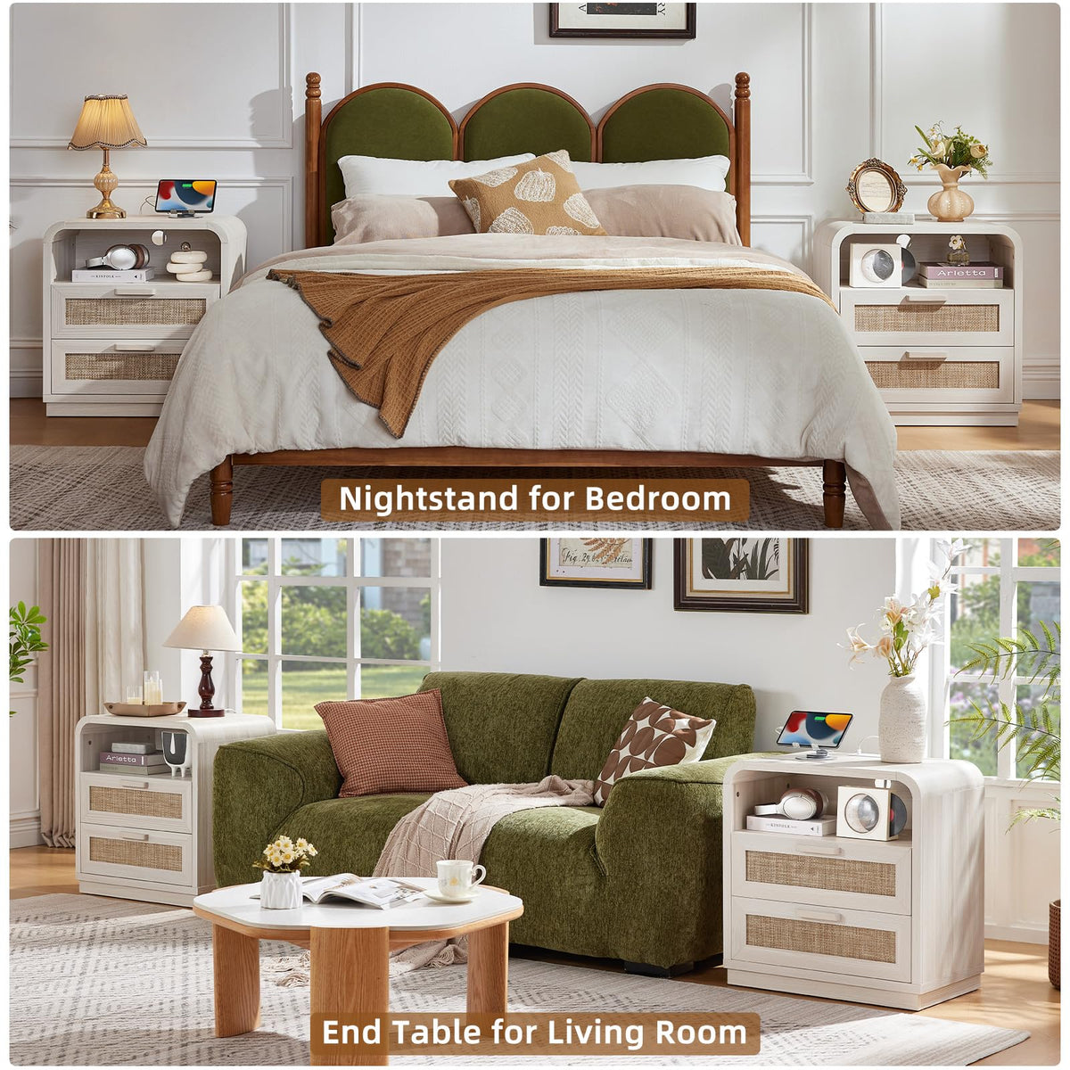 LEYAOYAO Rattan Nightstands Set of 2 with Charging Station, Natural