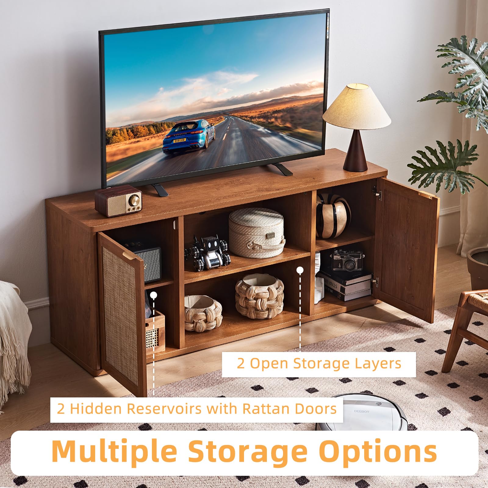 LEYAOYAO Rattan TV Stands for Living Room, Walnut