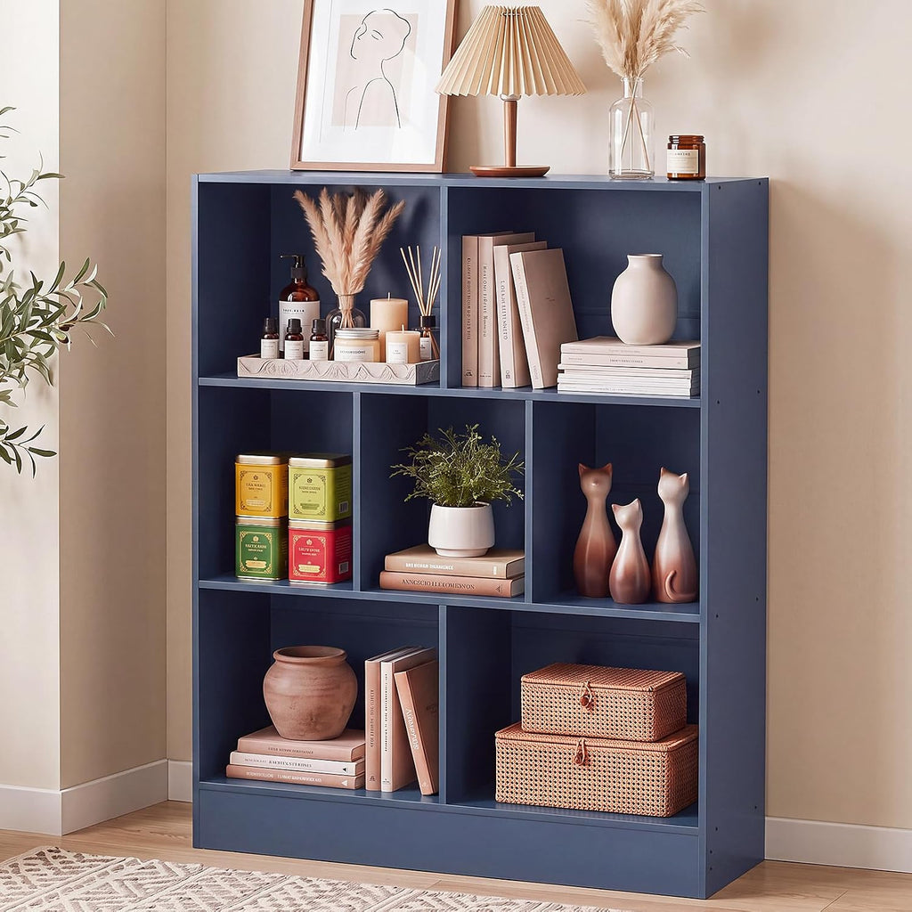 LEYAOYAO 7 Cube Bookshelf with Base,3 Tier Mid-Century Modern Blue Bookcase,Standing Wide Bookshelves Storage Organizer Shelf,Rustic Wood Display Cabinet Book Shelves for Bedroom,Living Room,Office