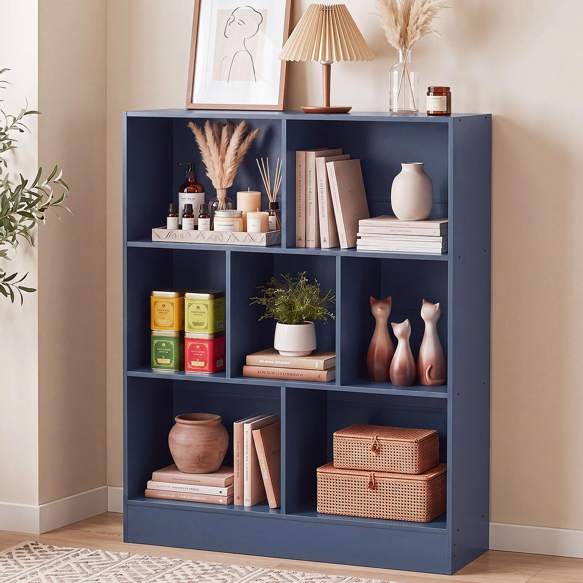 LEYAOYAO 7 Cube Bookshelf with Base,3 Tier Mid-Century Modern Blue Bookcase,Standing Wide Bookshelves Storage Organizer Shelf,Rustic Wood Display Cabinet Book Shelves for Bedroom,Living Room,Office