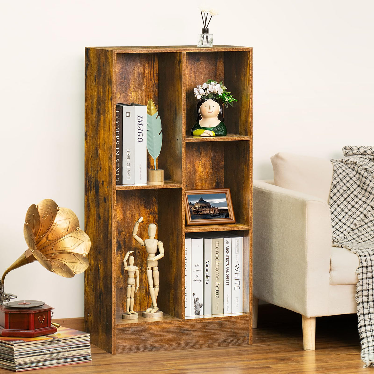 LEYAOYAO 5 Cube Mid-Century Modern Brown Wood Bookcase, 3 Tier Storage Organizer Shelf, Rustic Display Cabinet for Bedroom, Living Room, Office