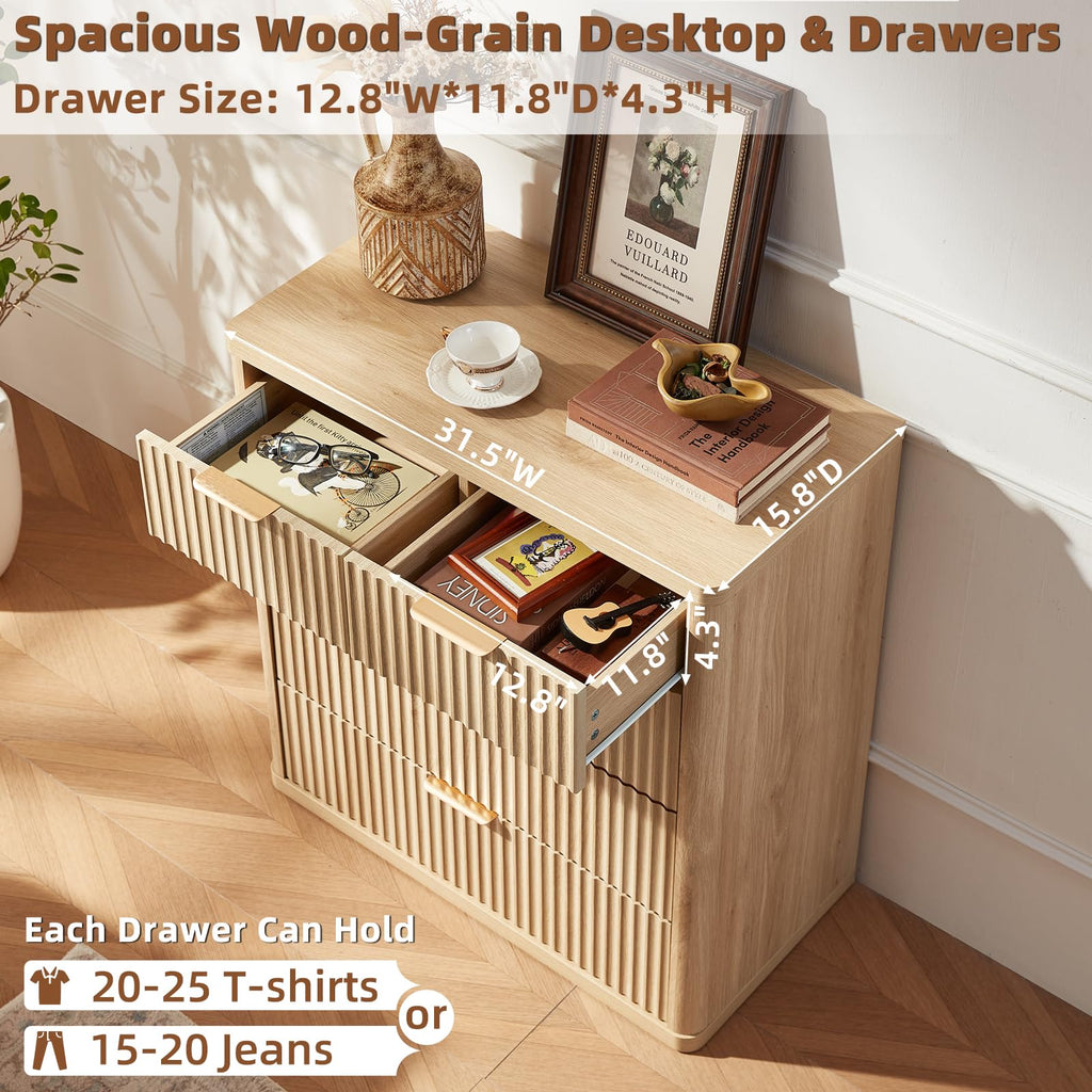 LEYAOYAO Fluted 5 Drawers Dresser for Bedroom, 41" Tall Modern Chest of Drawers with Metal Handle, Curved Profile Design,Natural Wood Drawer Organizer for Bedroom, Living Room, Hallway, Entryway