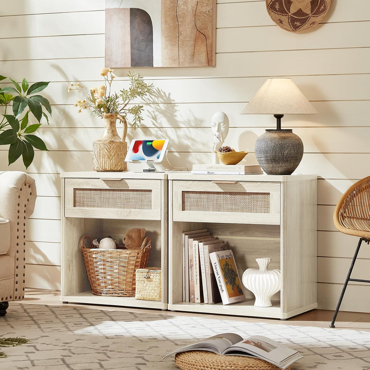 LEYAOYAO Rattan Nightstands Set of 2 with Charging Station, Boho Night Stand Dresser for Bedroom with Drawer, Grey White Bedside Table Open Storage Cabinet, Bed Side End Table, Living Room, Hallway