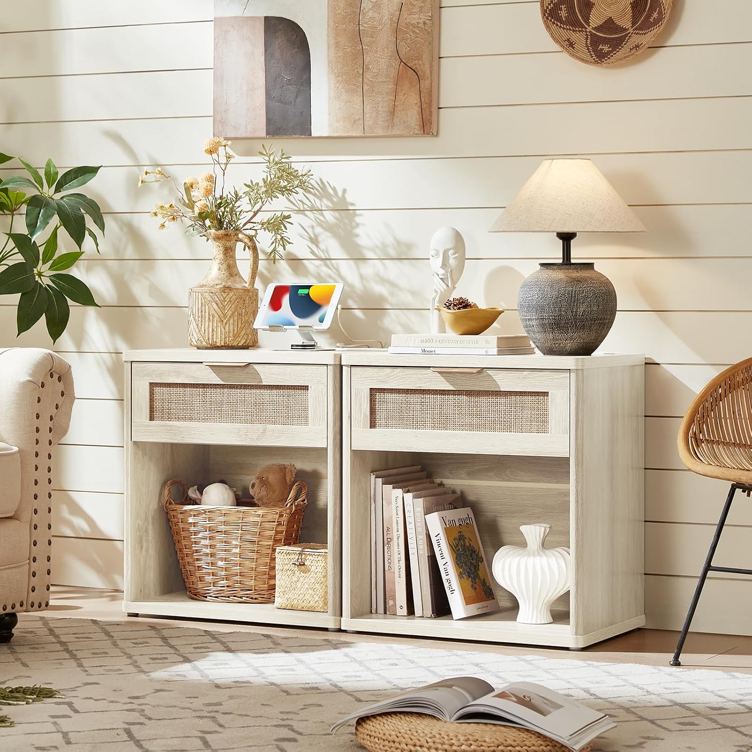LEYAOYAO Rattan Dresser and Nightstand Sets 4 Piece, Boho Wood Dresser for Bedroom with 6 Drawers and Night Stand with Charging Station, Bedroom Furniture, Dressers & Chests of Drawers, Hallway