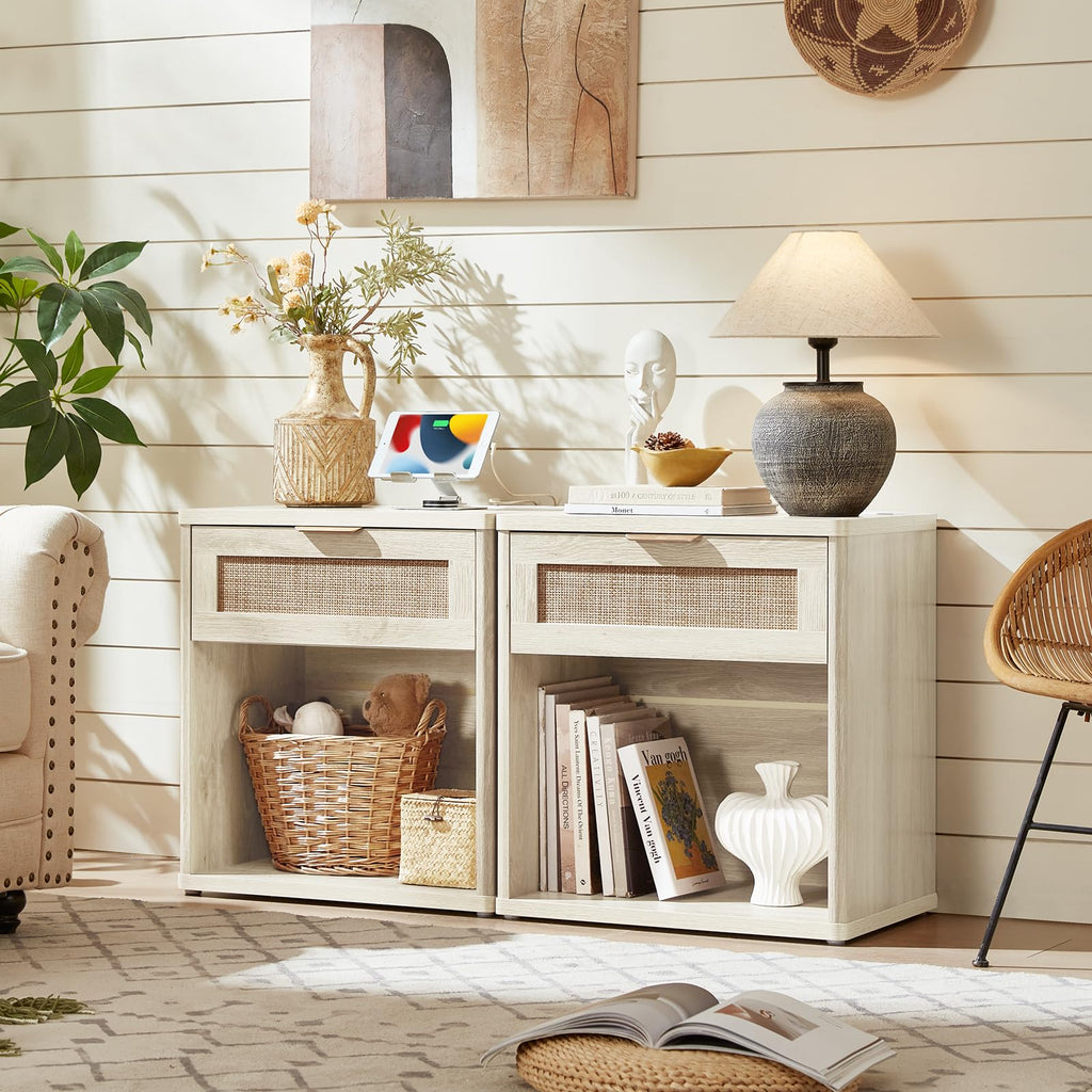 LEYAOYAO Rattan Dresser and Nightstand Sets 4 Piece, Boho Wood Dresser for Bedroom with 6 Drawers and Night Stand with Charging Station, Bedroom Furniture, Dressers & Chests of Drawers, Hallway