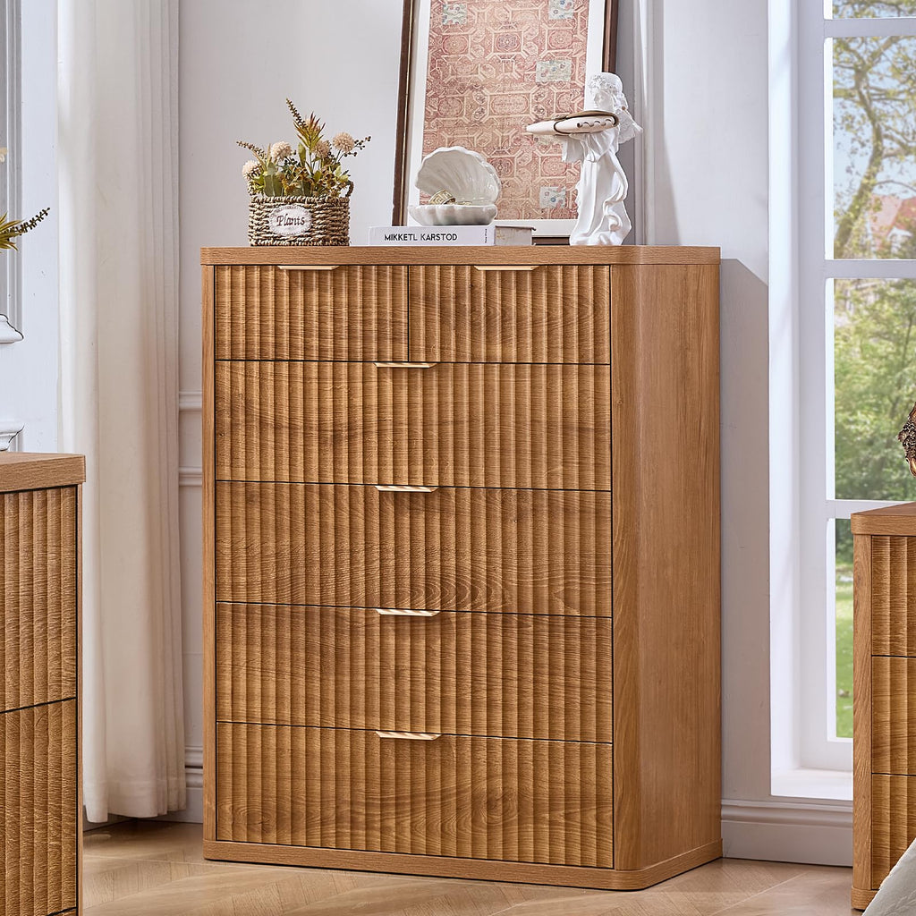 LEYAOYAO Fluted 6 Drawers Dresser for Bedroom Set of 2, 42" Tall Modern Chest of Drawer with Metal Handle, Curved Profile Design,Brown Wood Drawer Organizer for Bedroom, Living Room, Hallway