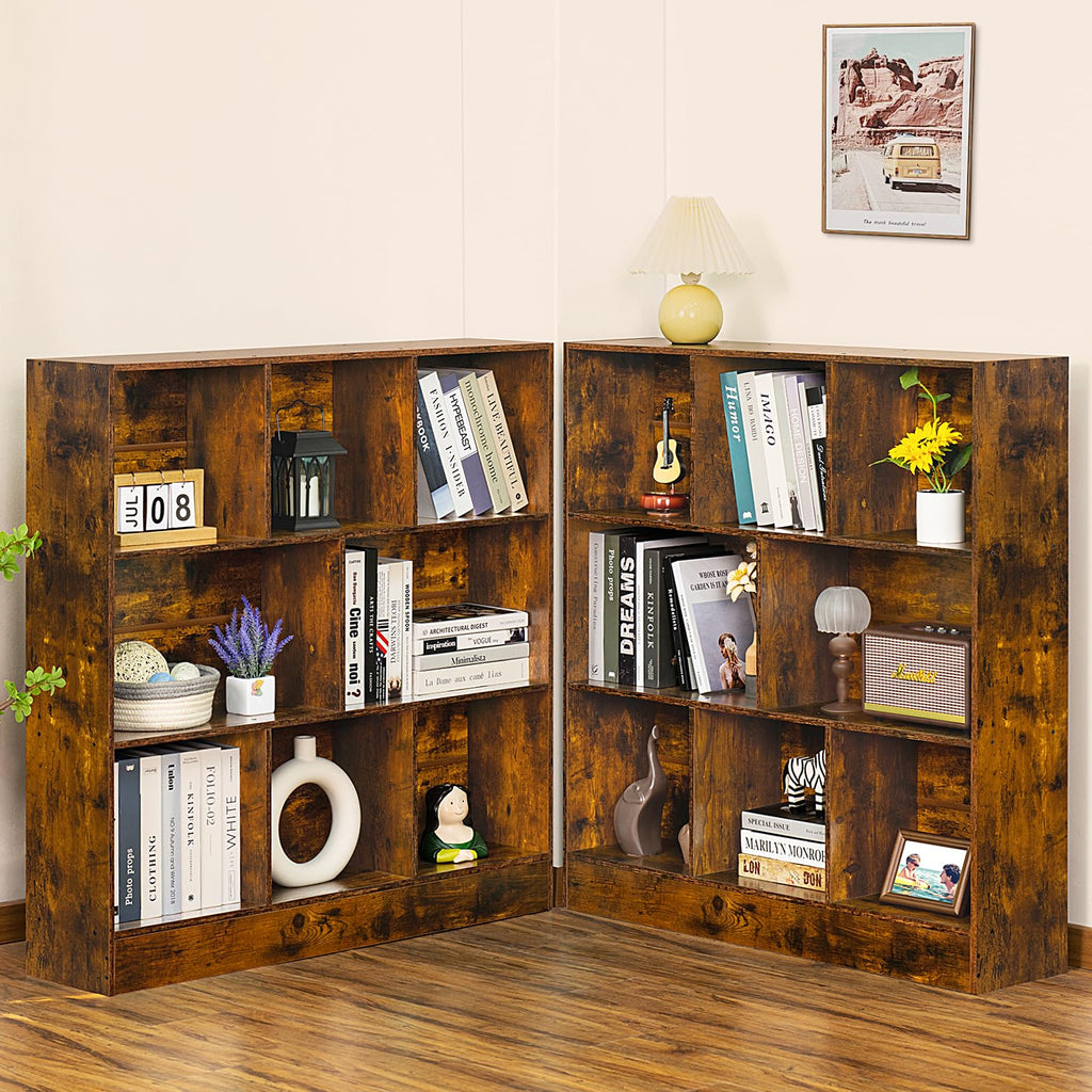 LEYAOYAO 7 Cube Bookshelf with Base,3 Tier Mid-Century Modern Blue Bookcase,Standing Wide Bookshelves Storage Organizer Shelf,Rustic Wood Display Cabinet Book Shelves for Bedroom,Living Room,Office