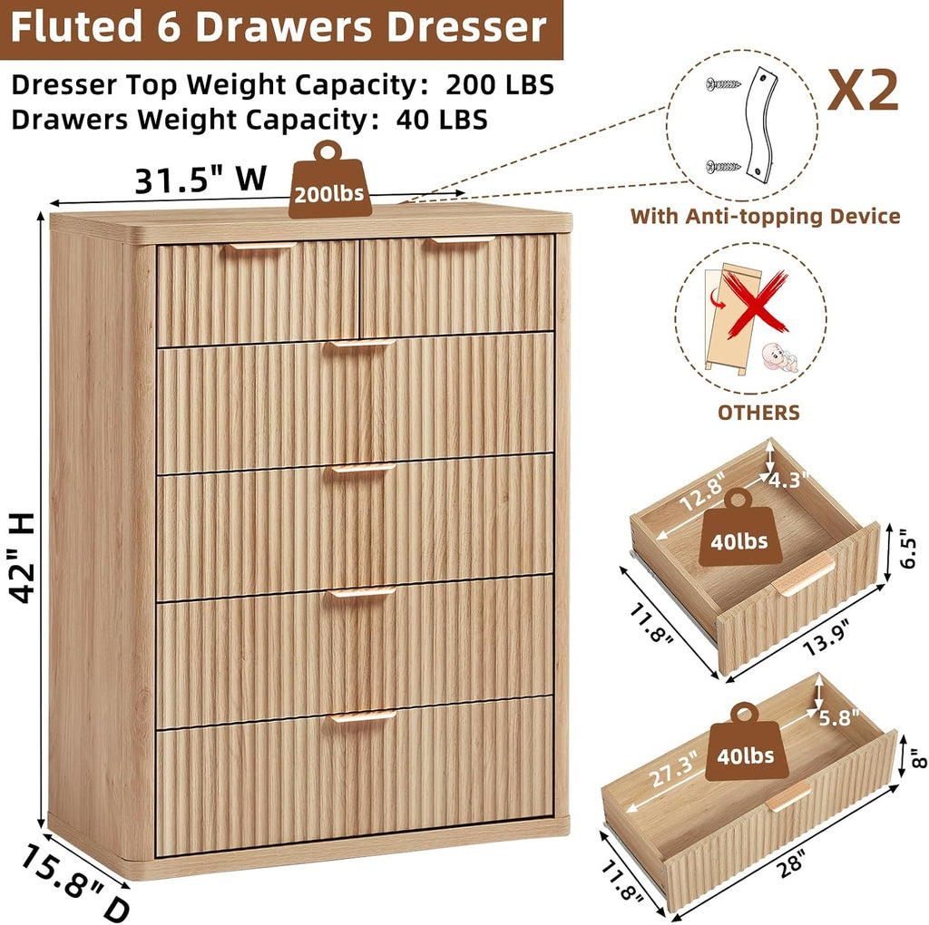 LEYAOYAO Fluted 6 Drawers Dresser for Bedroom Set of 2, 42" Tall Modern Chest of Drawers with Metal Handle, Curved Profile Design,Wood Drawer Organizer for Bedroom,Living Room,Hallway,Natural
