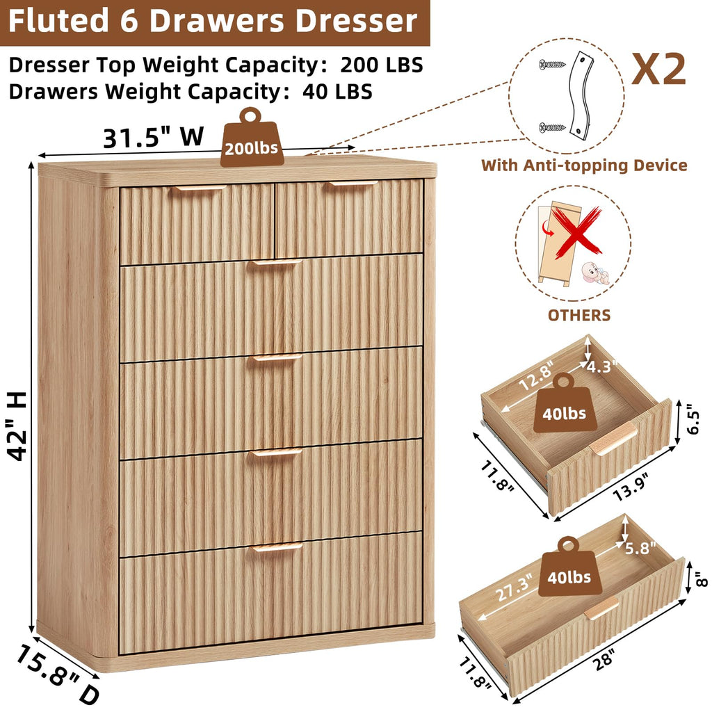 LEYAOYAO Fluted 6 Drawers Dresser for Bedroom Set of 2, 42" Tall Modern Chest of Drawer with Metal Handle, Curved Profile Design,Brown Wood Drawer Organizer for Bedroom, Living Room, Hallway