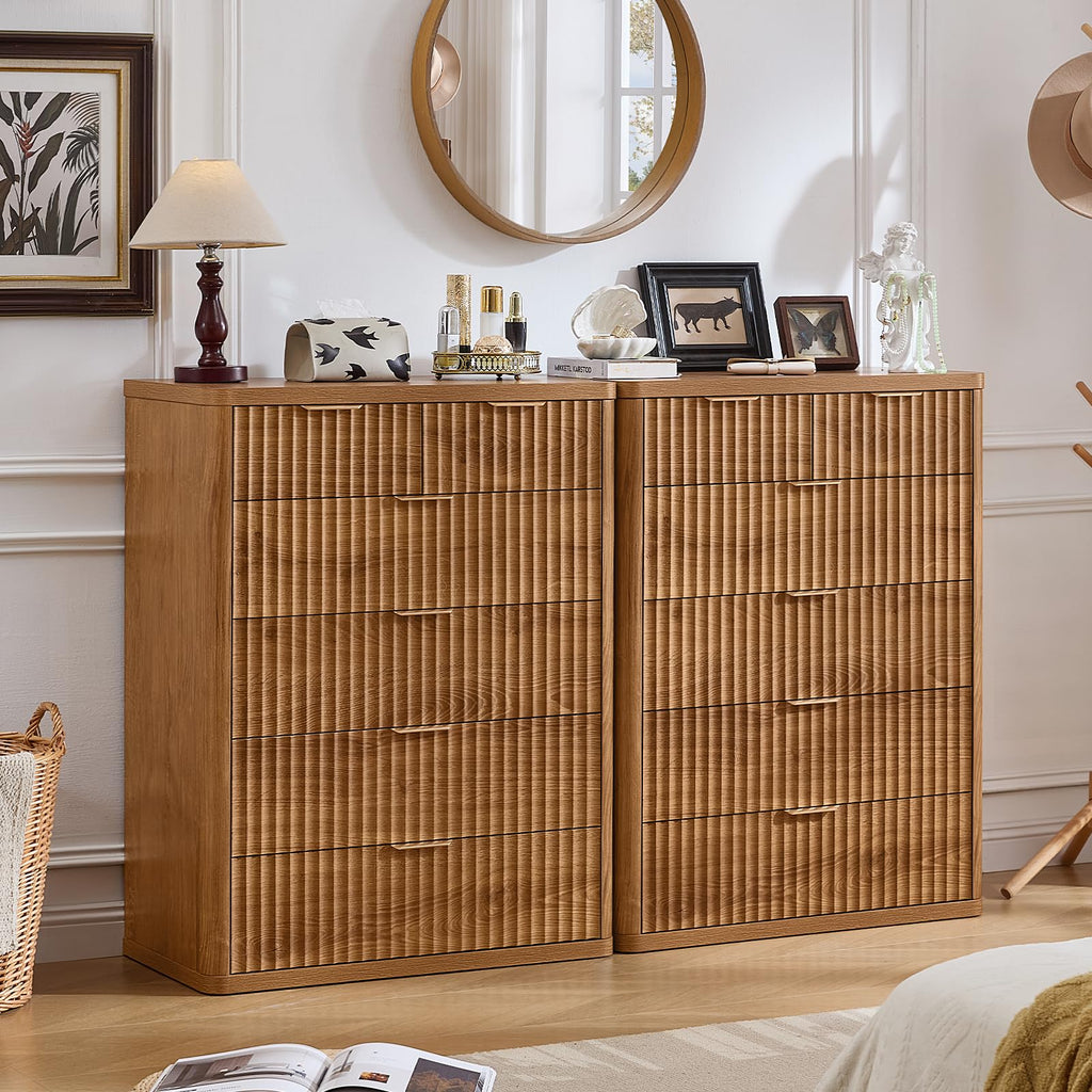 LEYAOYAO Fluted 6 Drawers Dresser for Bedroom Set of 2, 42" Tall Modern Chest of Drawer with Metal Handle, Curved Profile Design,Brown Wood Drawer Organizer for Bedroom, Living Room, Hallway