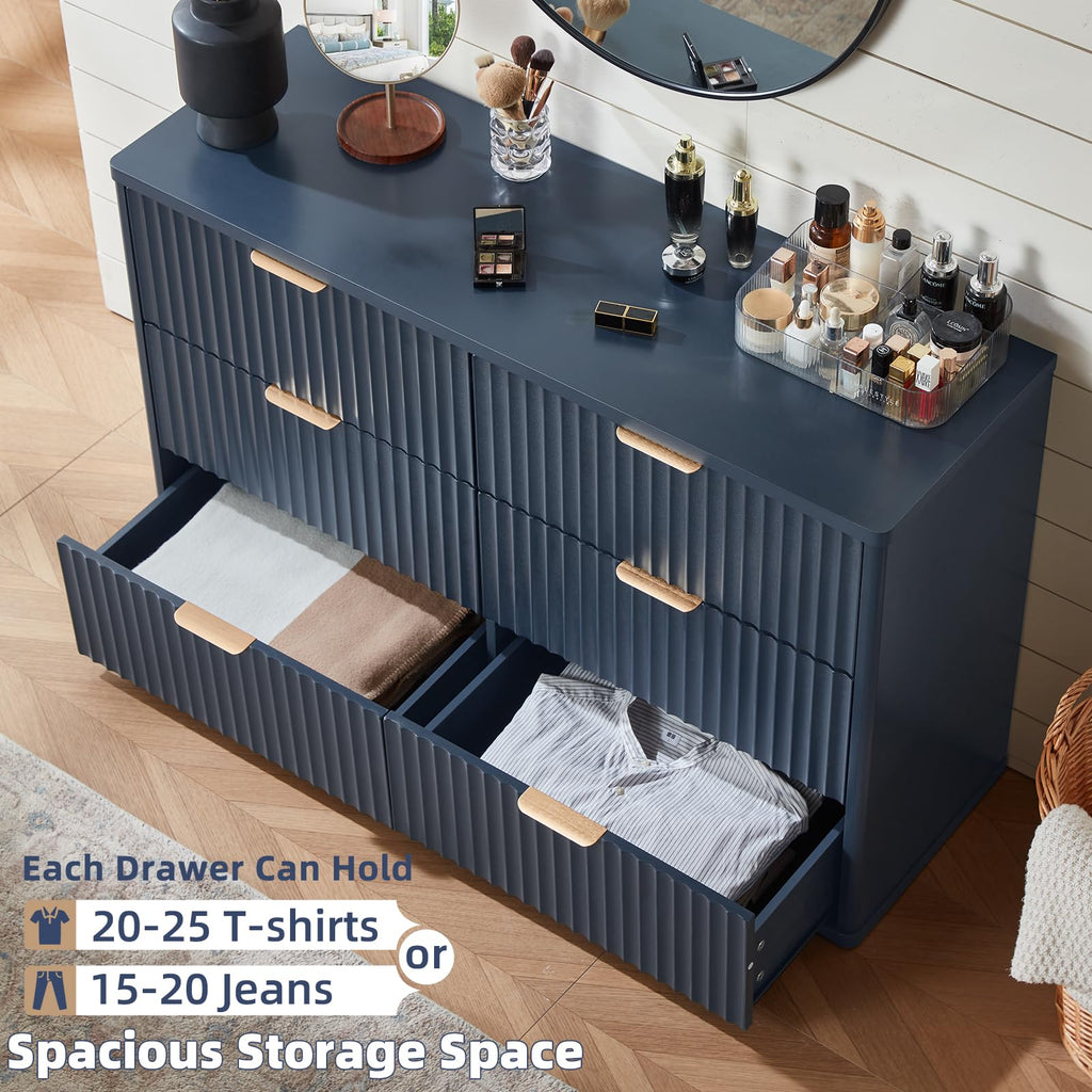 Lerliuo Fluted Nightstand with Charging Station, 23" Wide 2 Drawers End Table, Blue Night Stand with Open Storage Cabinet, Farmhouse Bed Side Tables, Wood Dresser for Bedroom