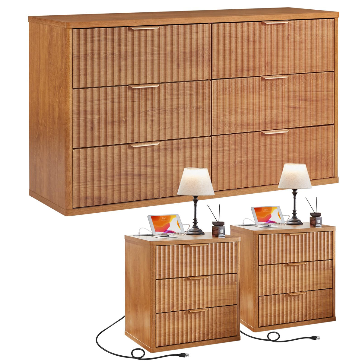 LEYAOYAO Fluted Dressers & Nightstand Set of 4, Wood 48" Wide Dresser & 42" Tall Chest of Drawers,Modern Bedroom Furniture Sets, Natural Wooden Nightstand Set of 2 with 3 Drawers & Charging Station