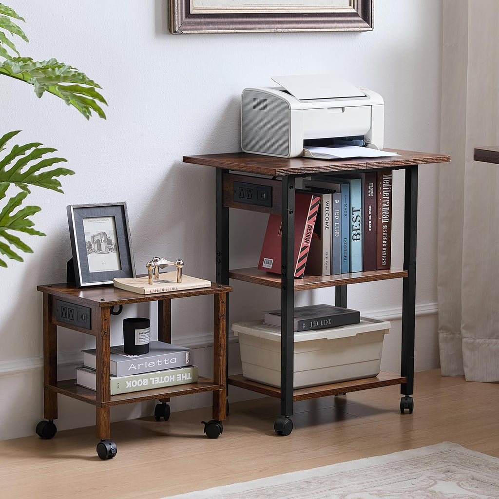 Lerliuo 3-Tier Printer Stand, Industrial Mobile Printer Table with Storage Shelf and Steel Frame, Rolling Printer Cart Holder with Lockable Wheels for Home, Office (White)
