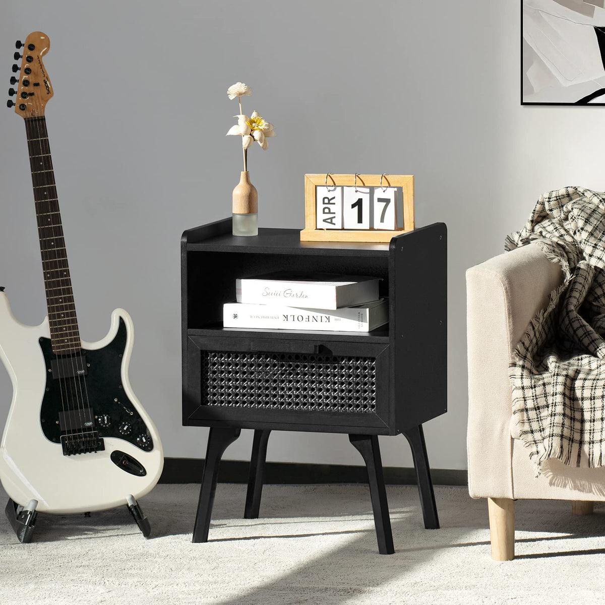 Lerliuo Rattan Nightstand, Boho Side Table with Drawer Open Shelf