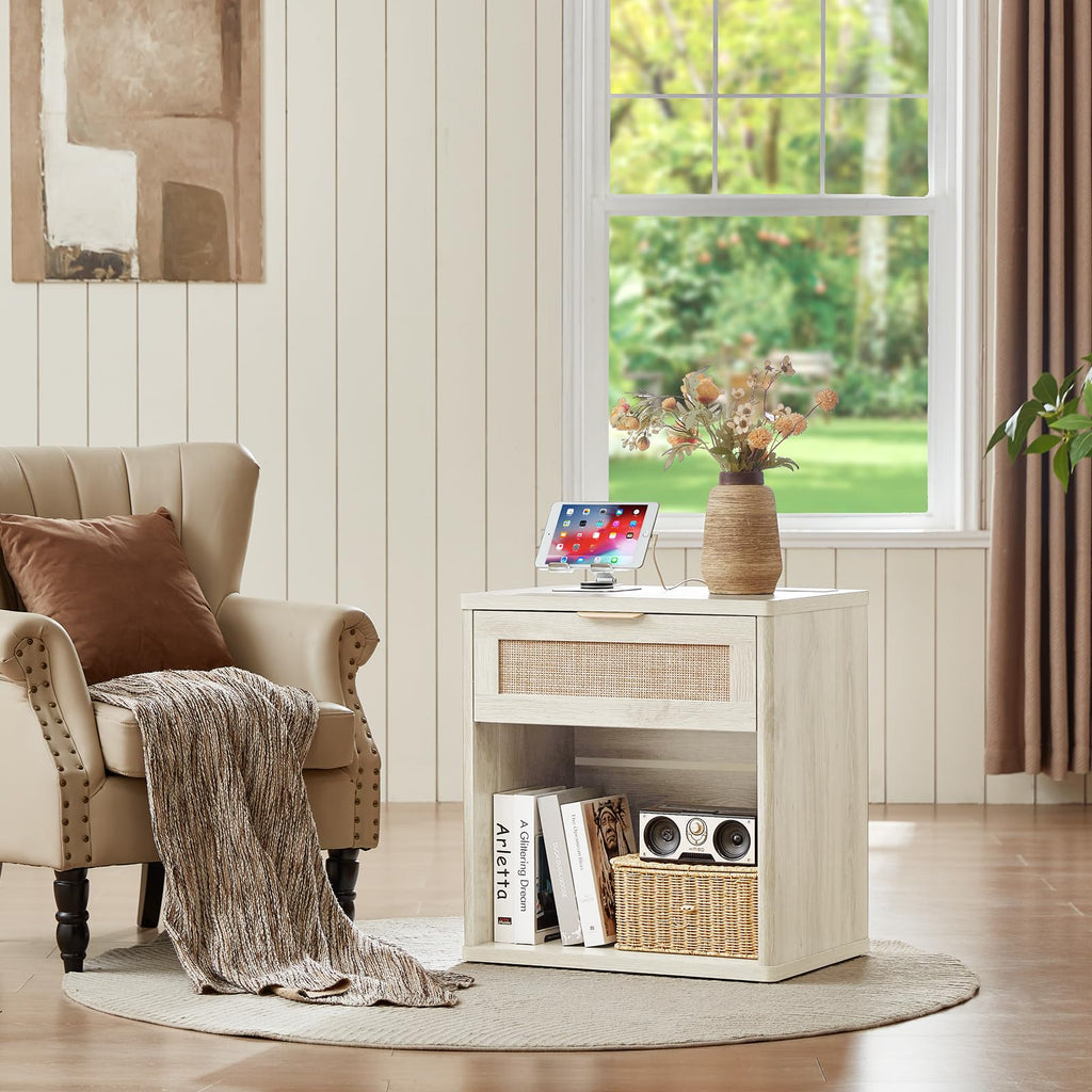LEYAOYAO Rattan Nightstands Set of 2 with Charging Station, Boho Night Stand Dresser for Bedroom with Drawer, Grey White Bedside Table Open Storage Cabinet, Bed Side End Table, Living Room, Hallway