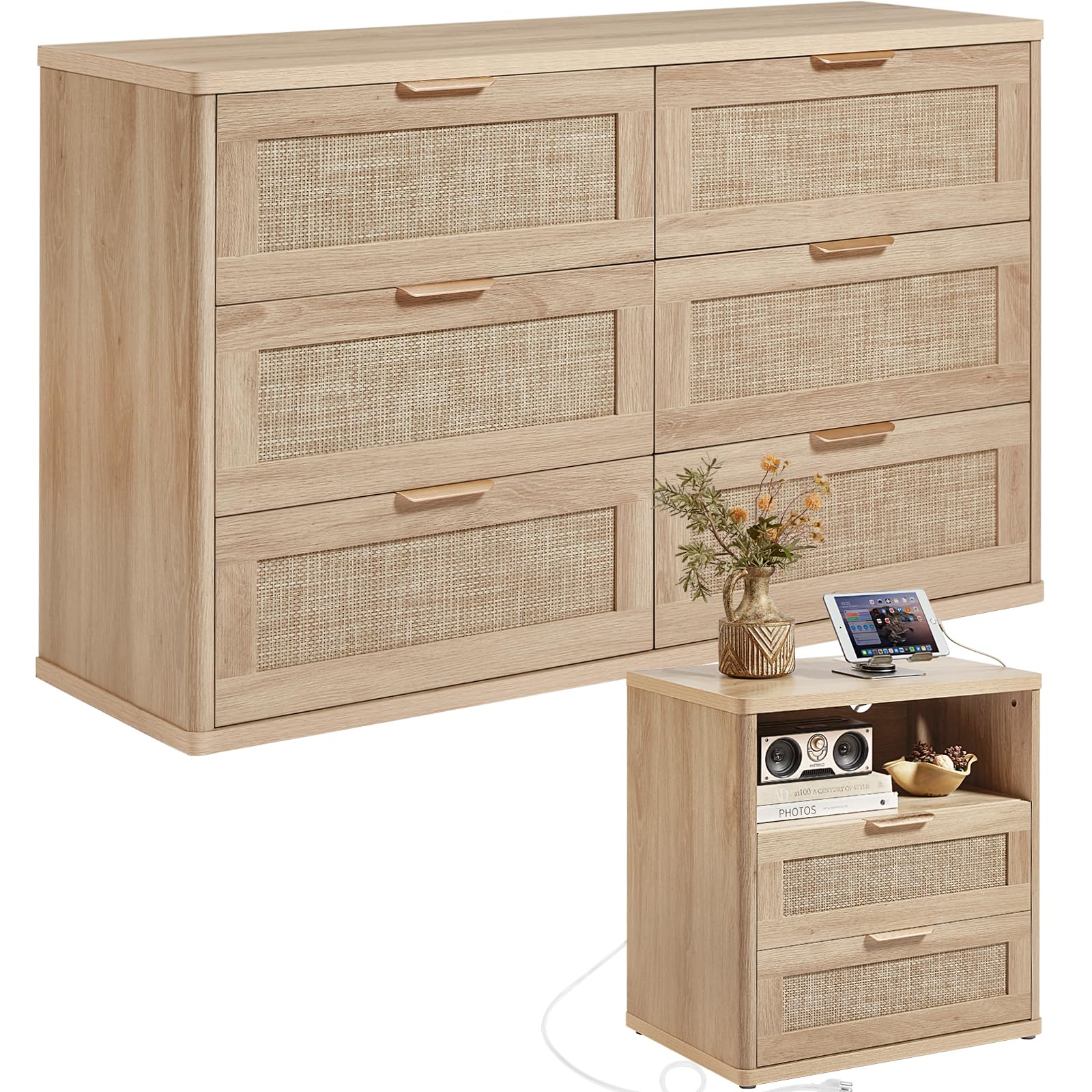 LEYAOYAO Rattan Dresser and Nightstand Sets 3 Piece, Natural