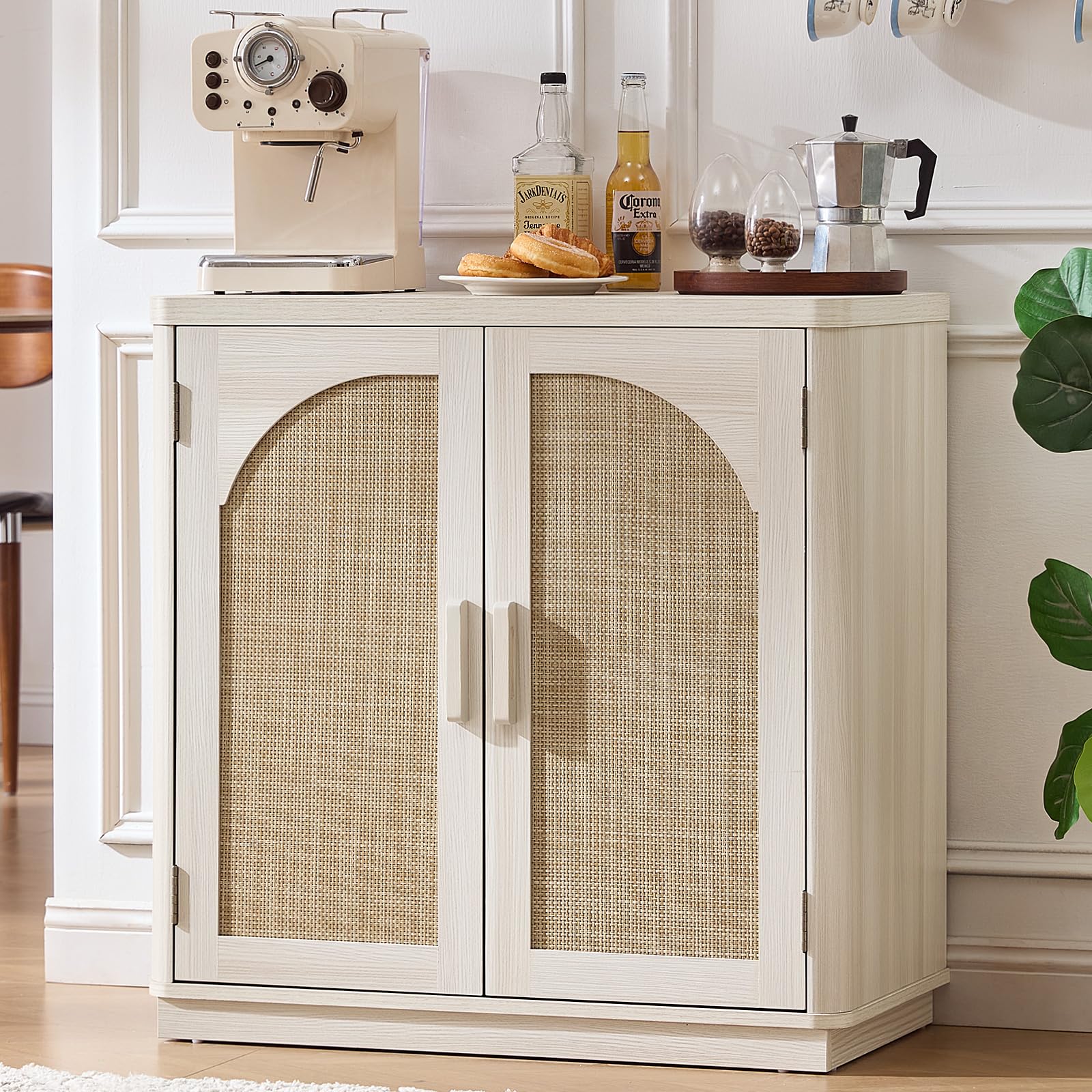 LEYAOYAO Rattan Sideboard Buffet Cabinet with Storage, 31.5" Coffee Bar Cabinet with Arch Doors & Adjustable Shelves, Wood Credenza, Boho Accent Cabinet for Kitchen, Living Room, Natural
