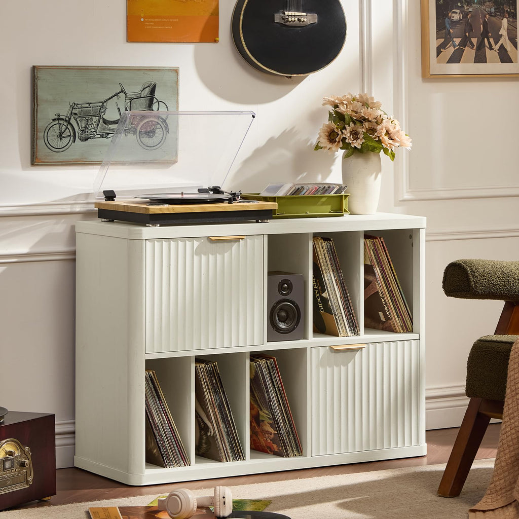 LEYAOYAO Large Record Player Stand with Vinyl Storage Up to 450 Albums, Wood Fluted Record Storage Accent Cabinet, Modern Stereo Media Cabinets, Wide Turntable Stand for Living Room, Antique White