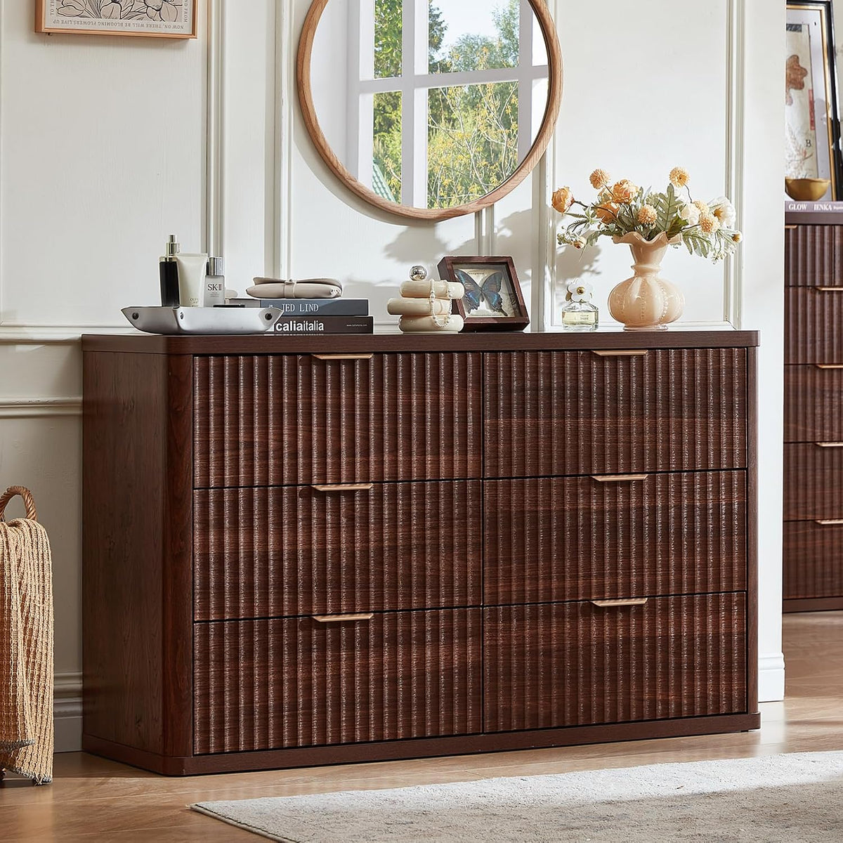 LEYAOYAO 23" Wide Fluted Night Stand with Charging Station, 3 Drawers Large End Table with Storage, Natural Nightstand Wood Bedside Tables, Farmhouse Cabinet Dresser for Bedroom, Closet