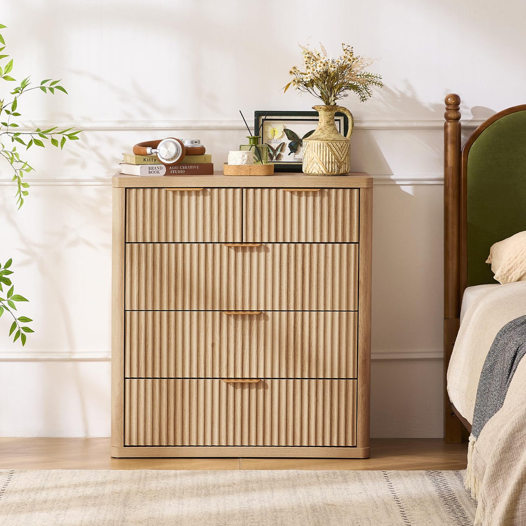 LEYAOYAO Fluted 5 Drawers Dresser for Bedroom, 41" Tall Modern Chest of Drawers with Metal Handle, Curved Profile Design,Natural Wood Drawer Organizer for Bedroom, Living Room, Hallway, Entryway