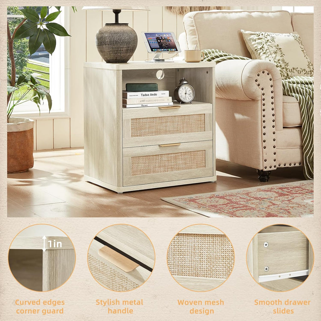 LEYAOYAO Rattan 23" Nightstands with Charger Station 2 Drawers