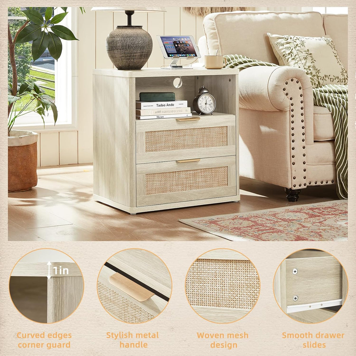 LEYAOYAO Rattan 23" Nightstands with Charger Station 2 Drawers