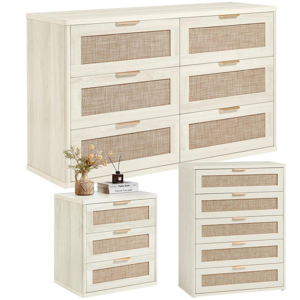 LEYAOYAO Rattan Dresser and Nightstand Set of 3, Boho Wood Dresser for Bedroom with 6 Drawers and Night Stand with Charging Station, Bedroom Furniture, Dressers & Chests of Drawers,Hallway,Living Room