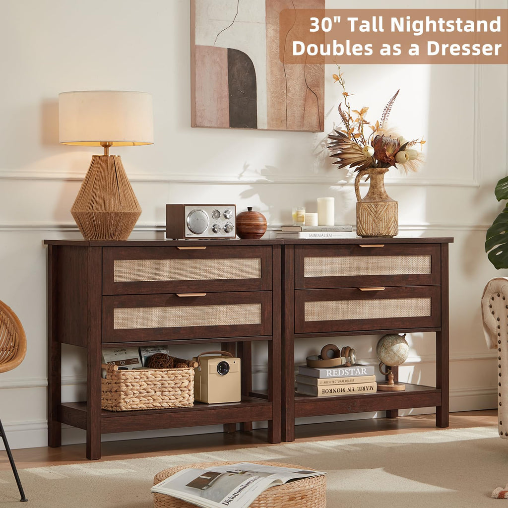 Lerliuo 31.5" Wide Rattan Nightstand,Oversized Large Boho Night Stand with 2 Drawers, 30" Tall Grey White Bedside Table with Storage Shelf, Bed Side End Tables for Bedroom, Living Room, Hallway