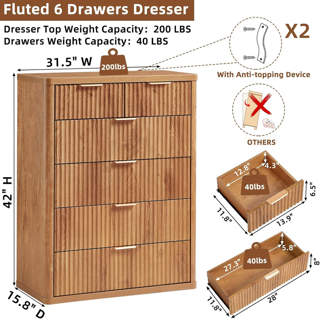 LEYAOYAO Fluted 6 Drawers Dresser for Bedroom Set of 2, 42" Tall Modern Chest of Drawers with Metal Handle, Curved Profile Design,Brown Wood Drawer Organizer for Bedroom, Living Room, Hallway