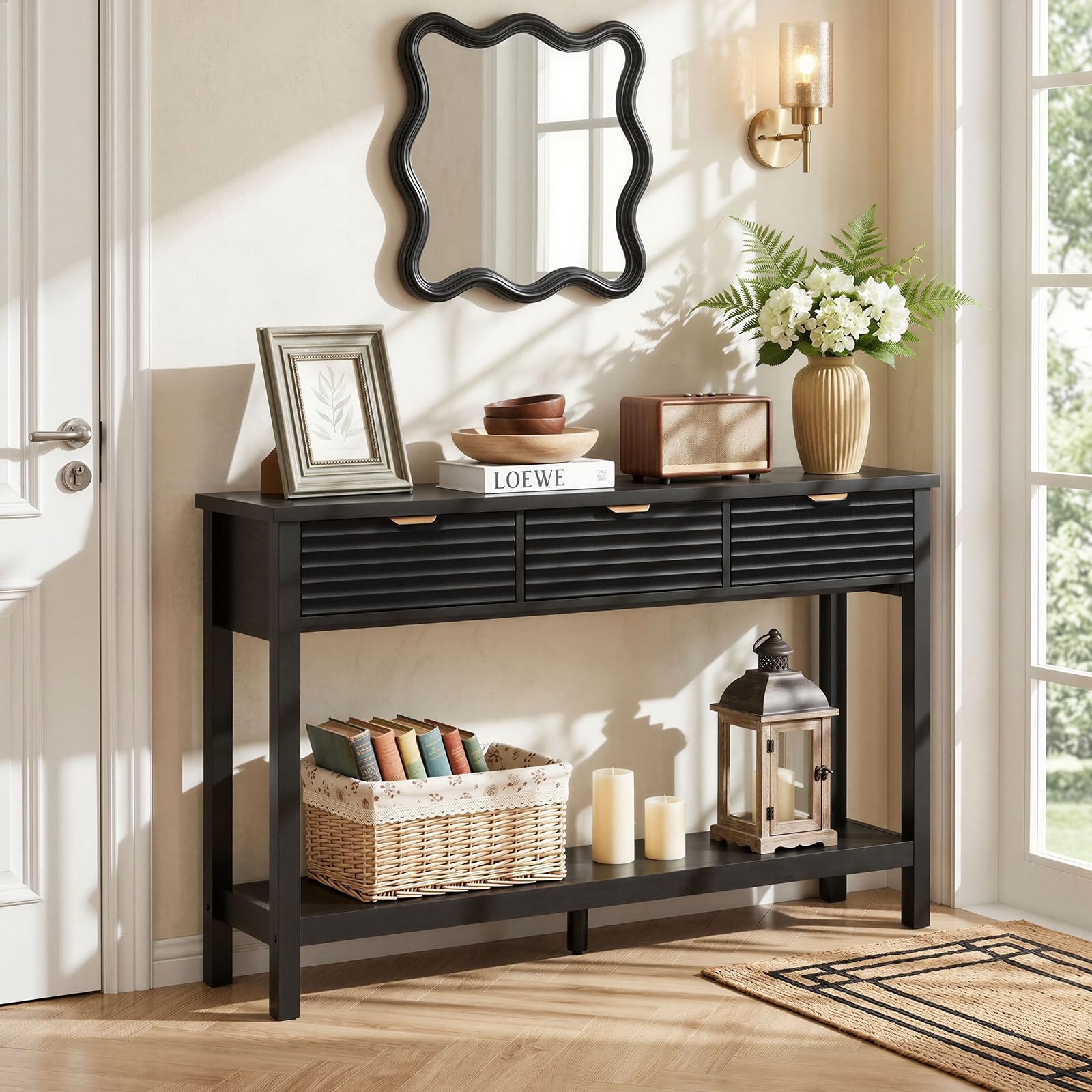 LEYAOYAO 47.2" Fluted Console Table with 3 Drawers, Blue Entryway Table